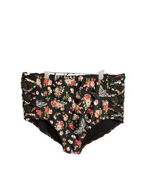 Midnight Hour: 2x High-Waist Floral Bikini Bottoms in Black with Rose Print